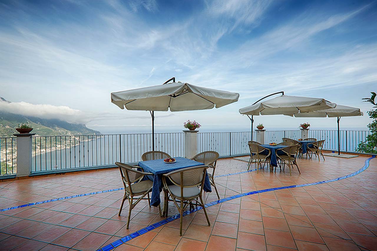 Dining area on the terrace of the Giuliana’s View, one of the best restaurant in Ravello