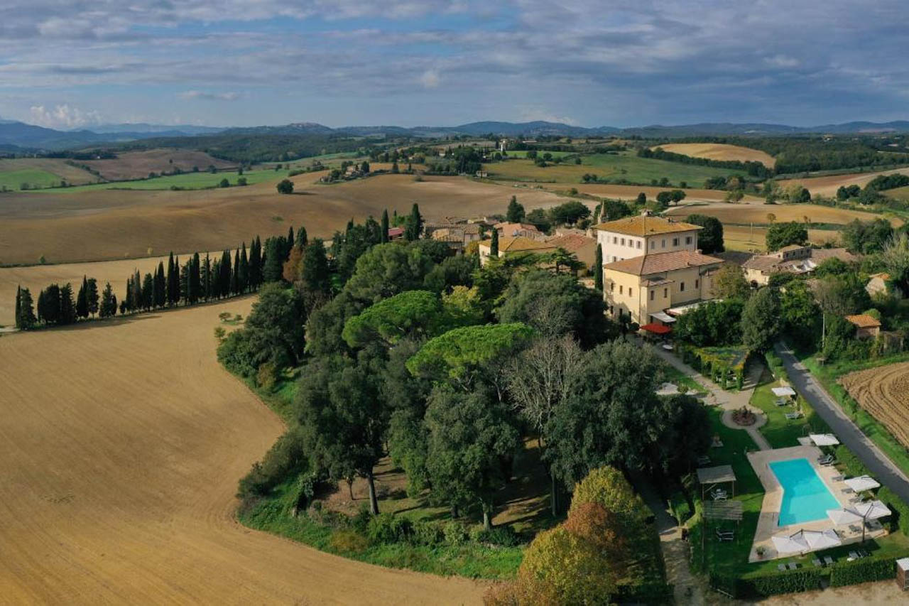 Aerial view of Villa Sabolini with a view of breathtaking landscape