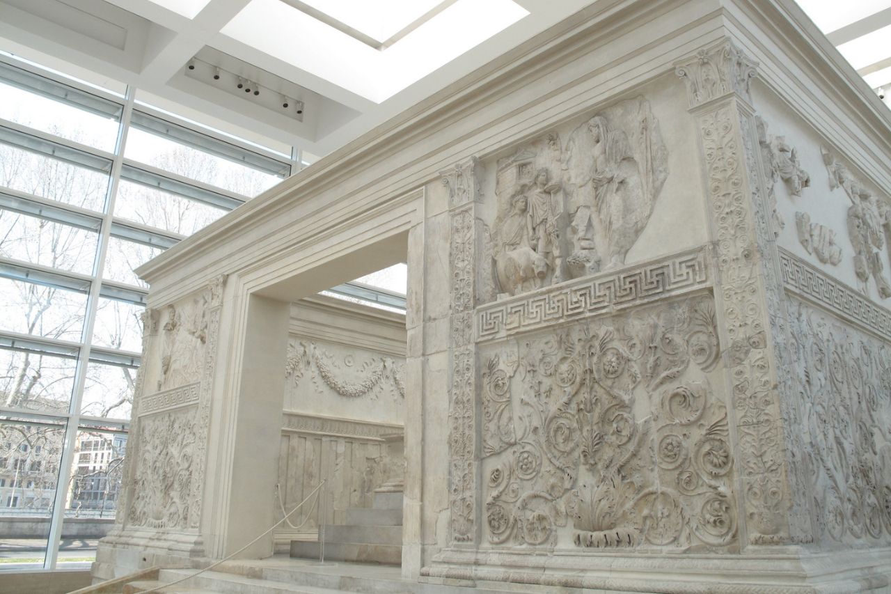 The close-up view of the beautiful and well-preserved Ara Pacis by Augustus in Rome, near Piazza del Popolo