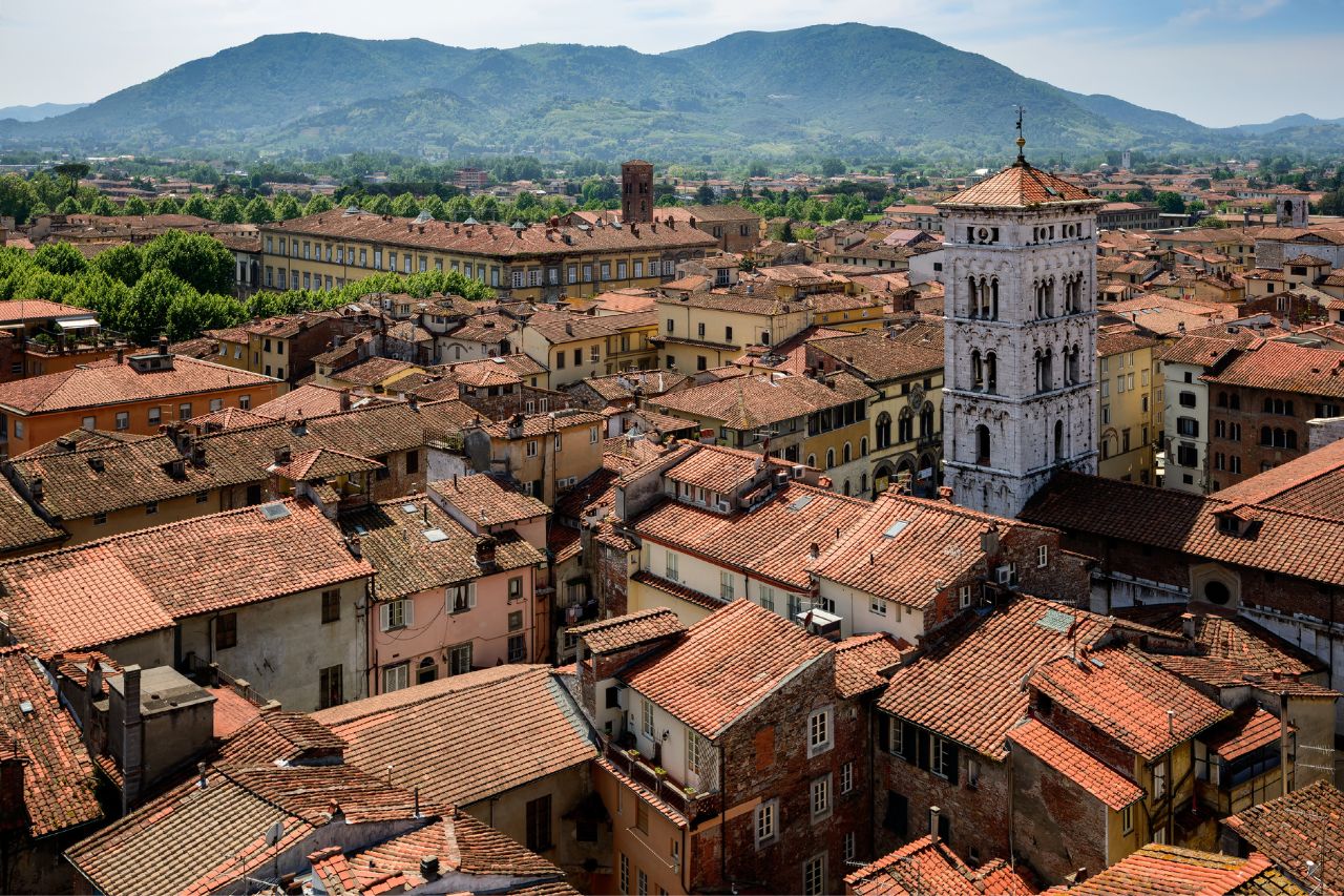 The overview of the city of Lucca seen from above its walls, in Tuscany
