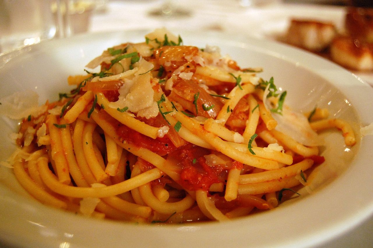 Pasta all'amatriciana is one of the famous dishes in Rome, Italy