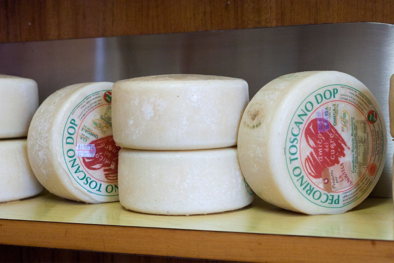 Tuscan pecorino is on sale in a shop in Florence