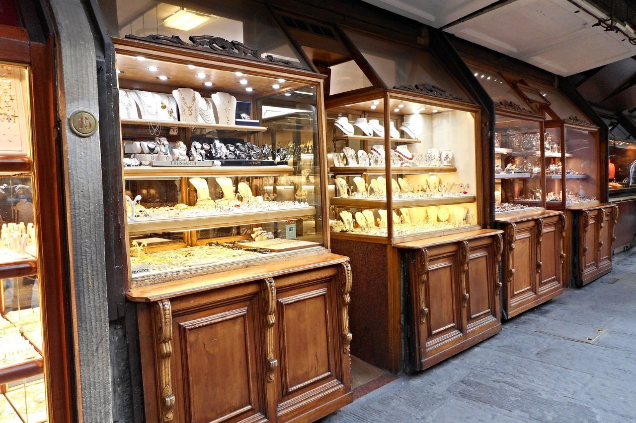 The shops selling luxury jewelery on the Ponte Vecchio, Florence