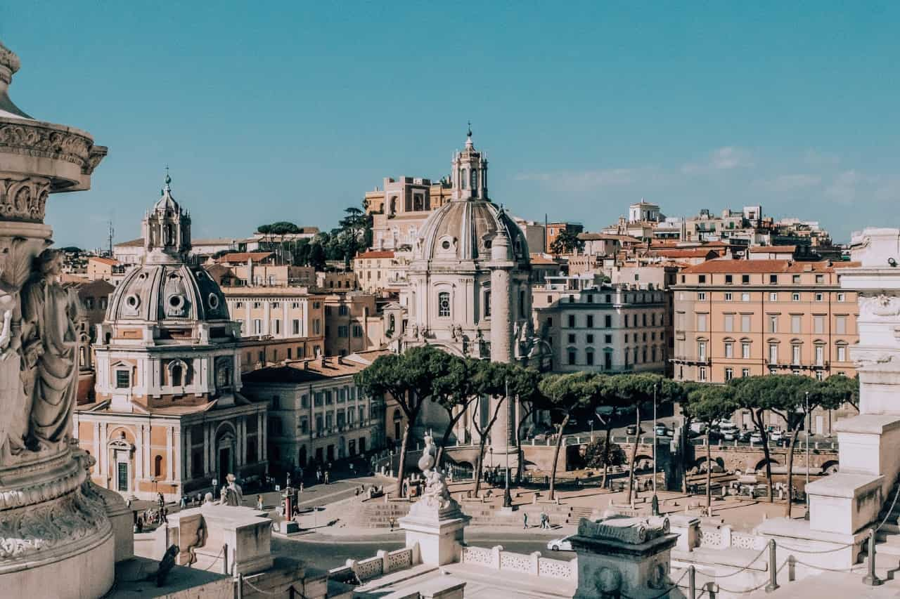 The overview of Piazza Venezia during a sunny day, in Rome