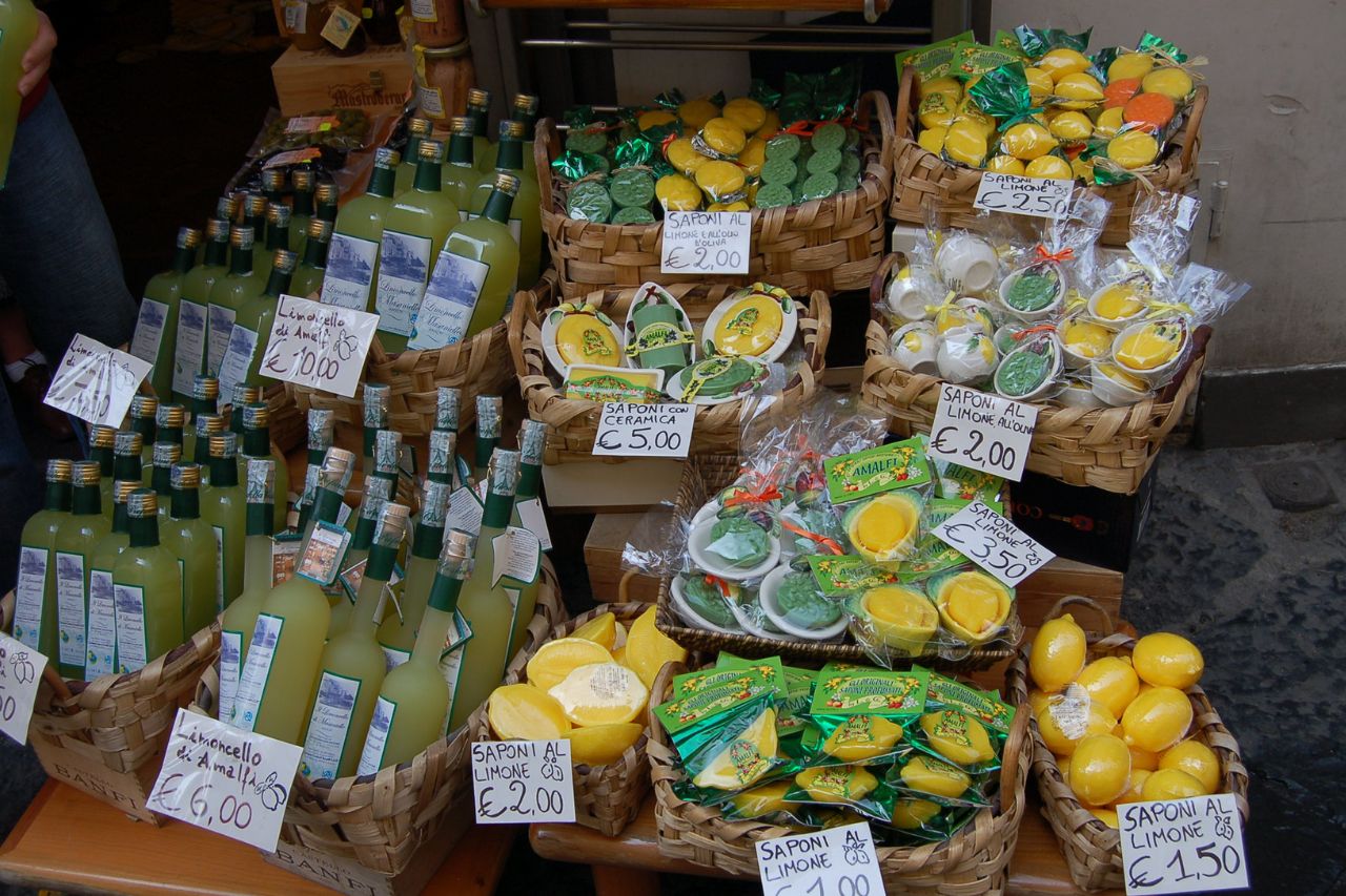Typical liqueurs of the Amalfi coast on sale in a shop