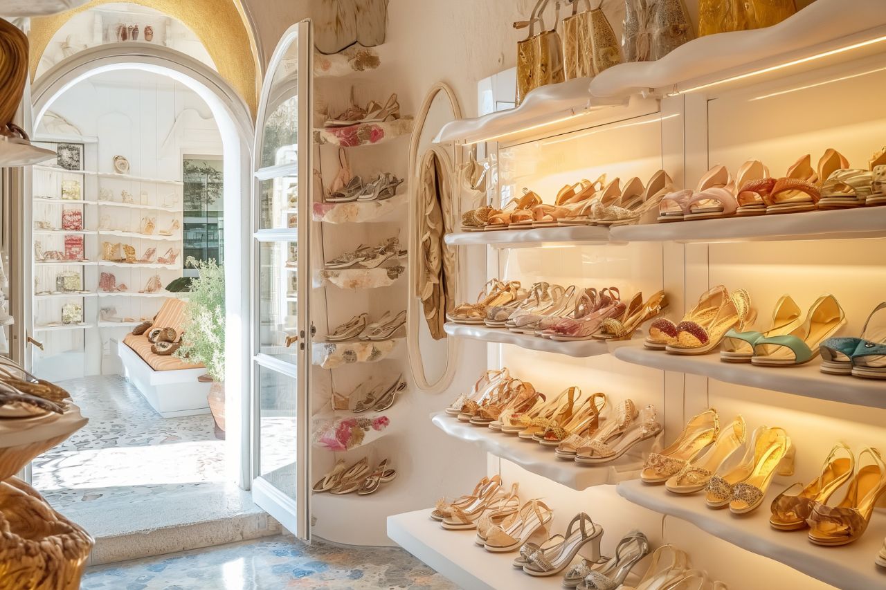 A sandal shop on the Amalfi coast is selling its products to some tourists