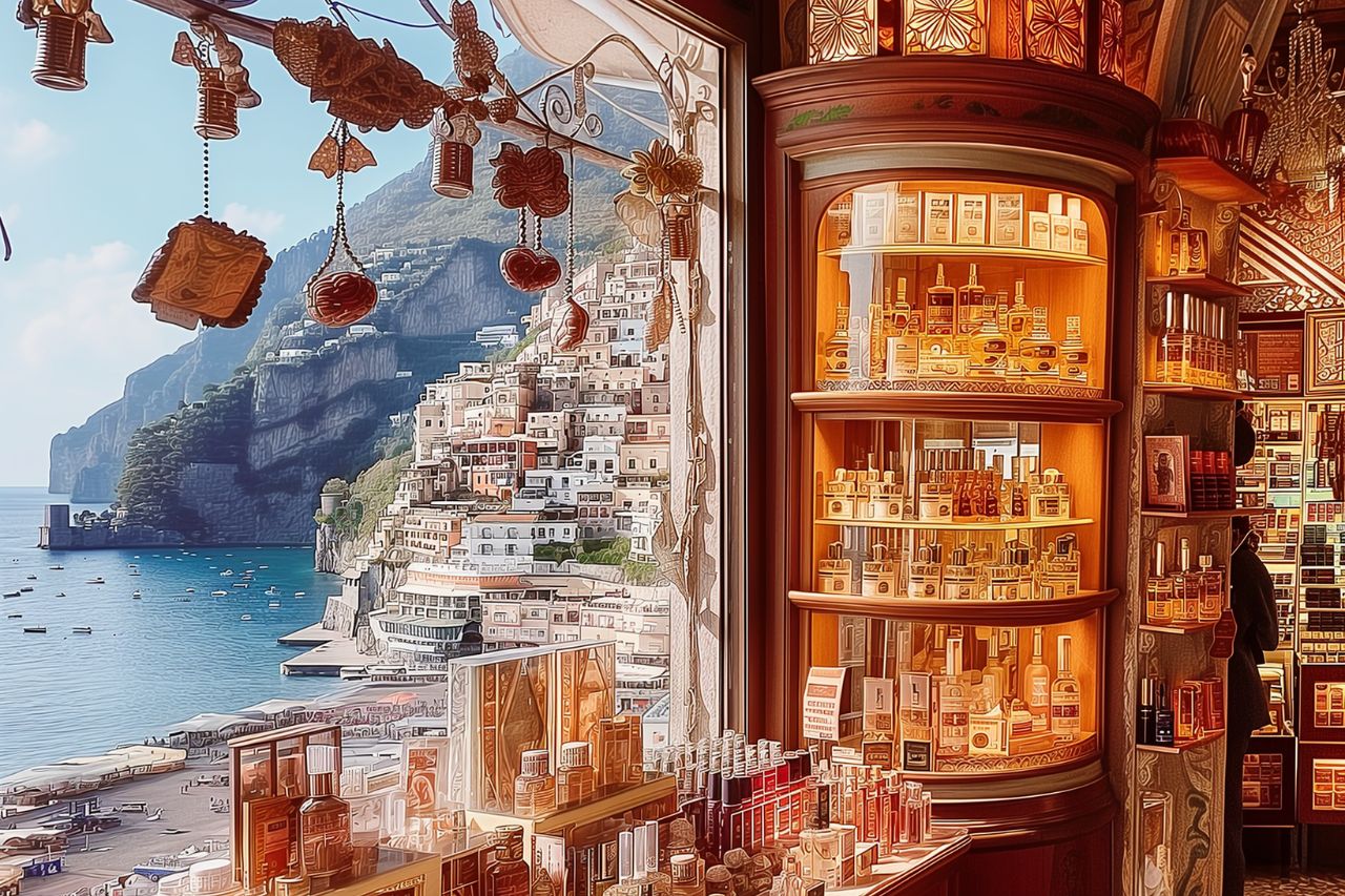 The tourist is buying perfumes in a luxury shop on the Amalfi coast