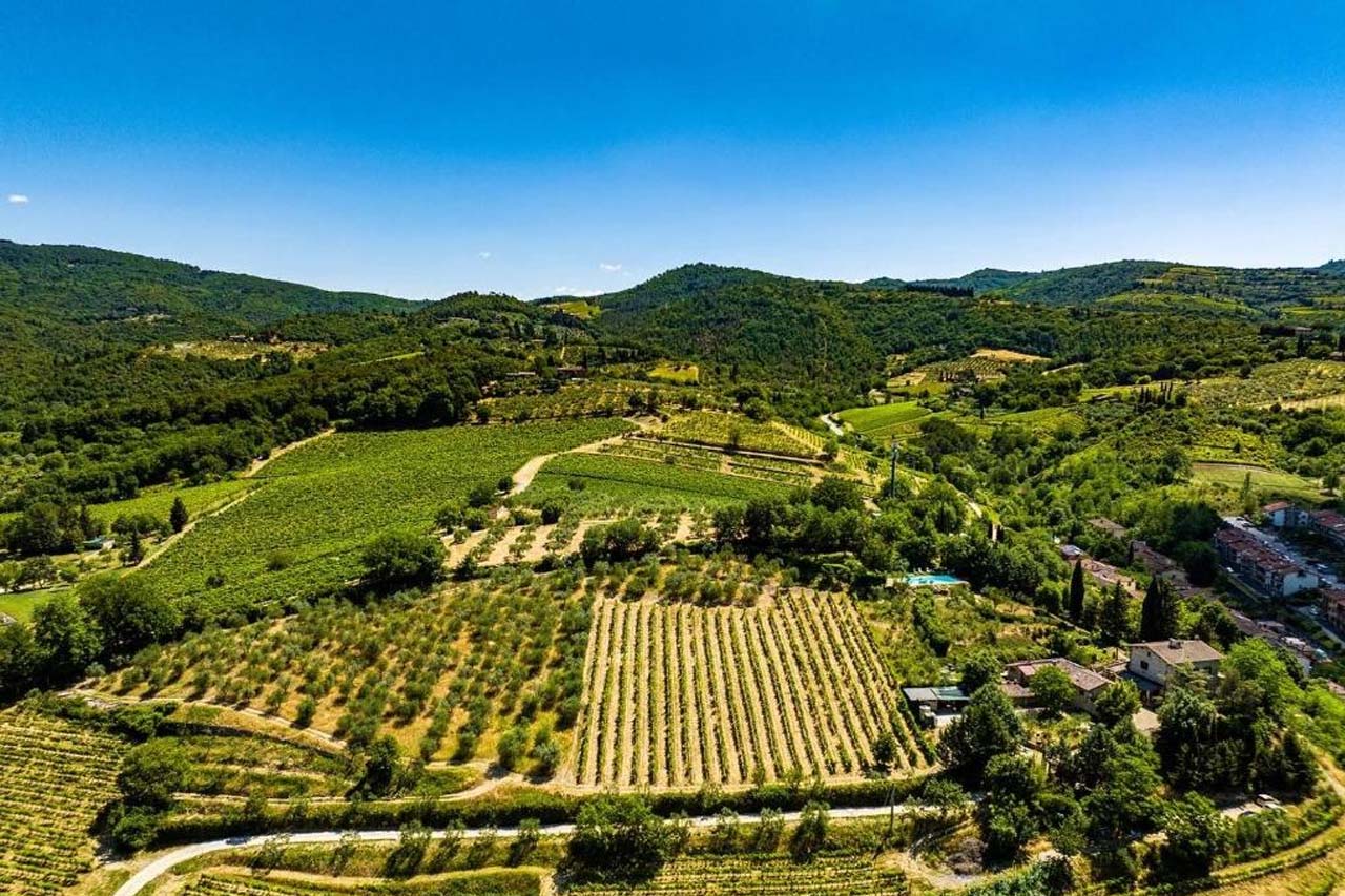 Aerial view of the Podere Campriano Winery with beautiful landscape