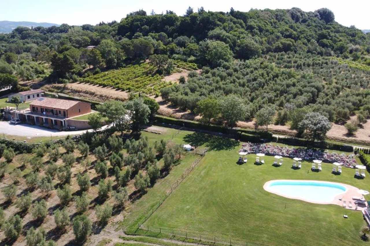 Aerial view of the Bio Agriturismo Il Torrione with outdoor pool and stunning view of a landscape