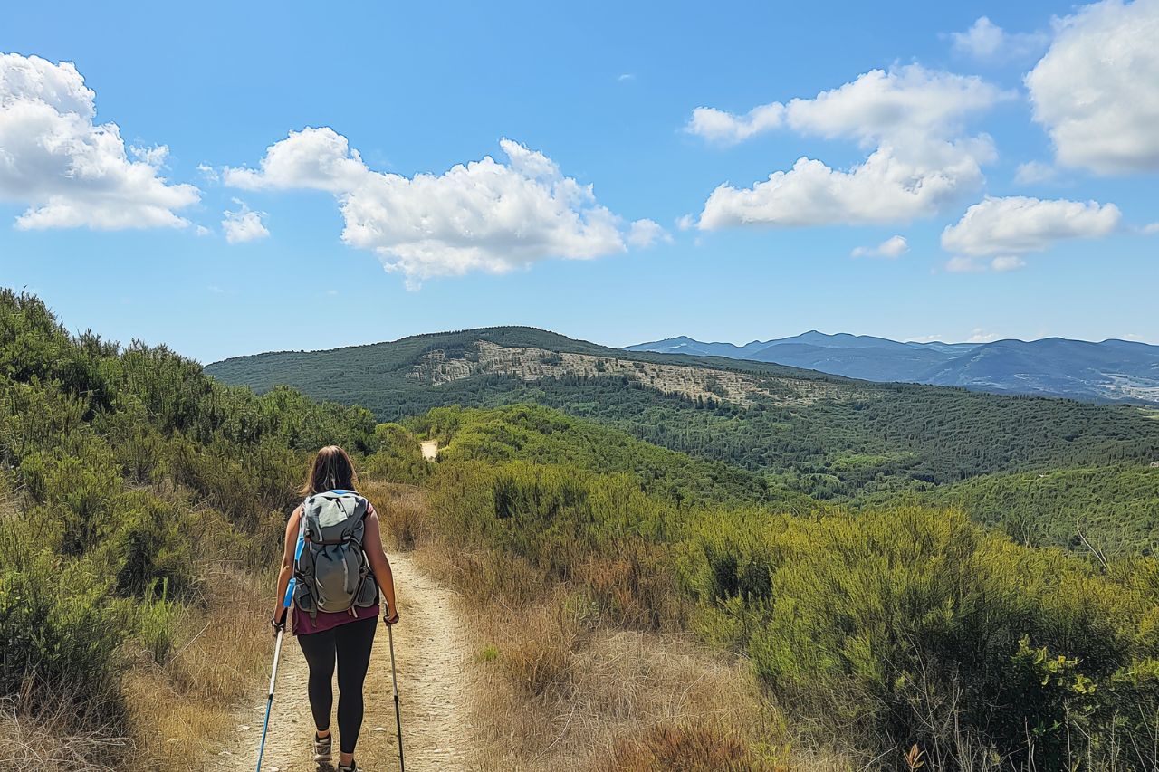 The tourist is hiking in the Maremma National Park, near Talamone.
