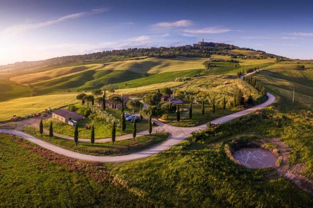 Aerial view of the Agriturismo Il Casalino with a breathtaking view of the beautiful landscape