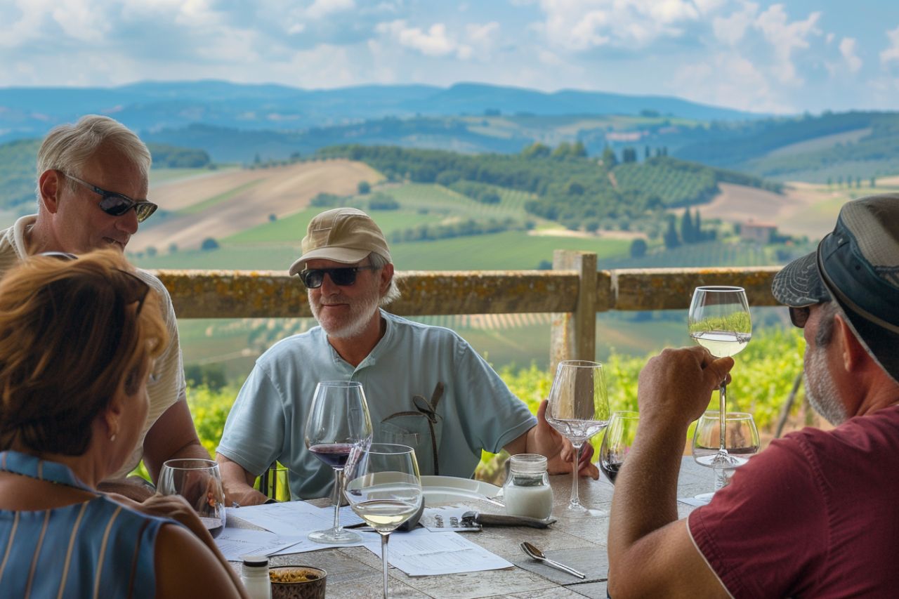Tourists enjoy wine tasting in the Tuscan with beautiful landscape of vineyards