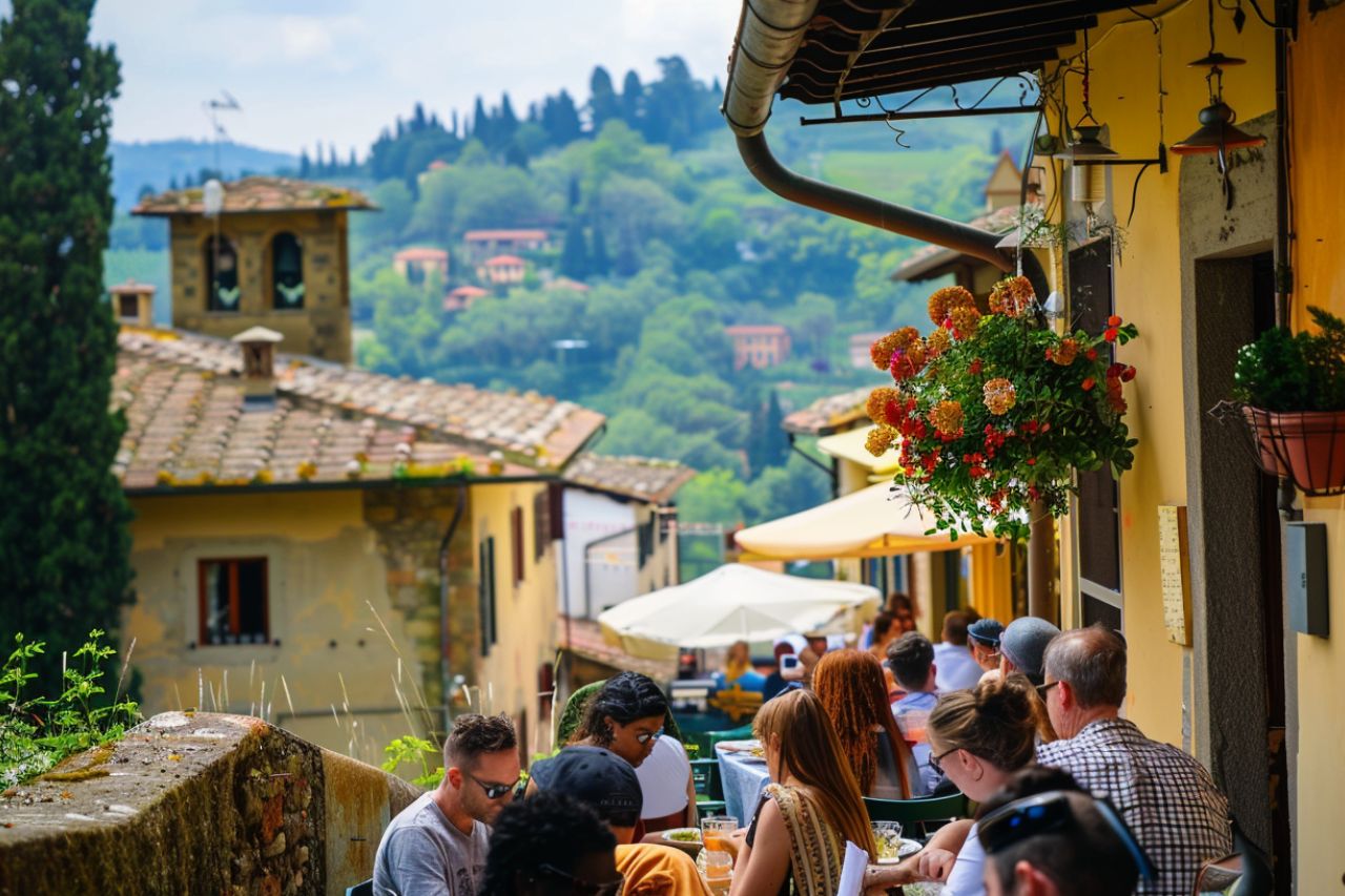 Tourists are eating local food in Fiesole, near Florence