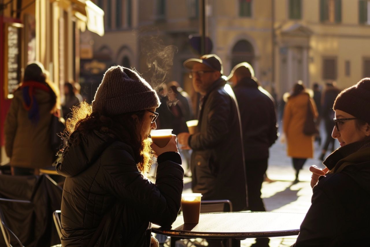Tourists drinking hot chocolate in Florence in February