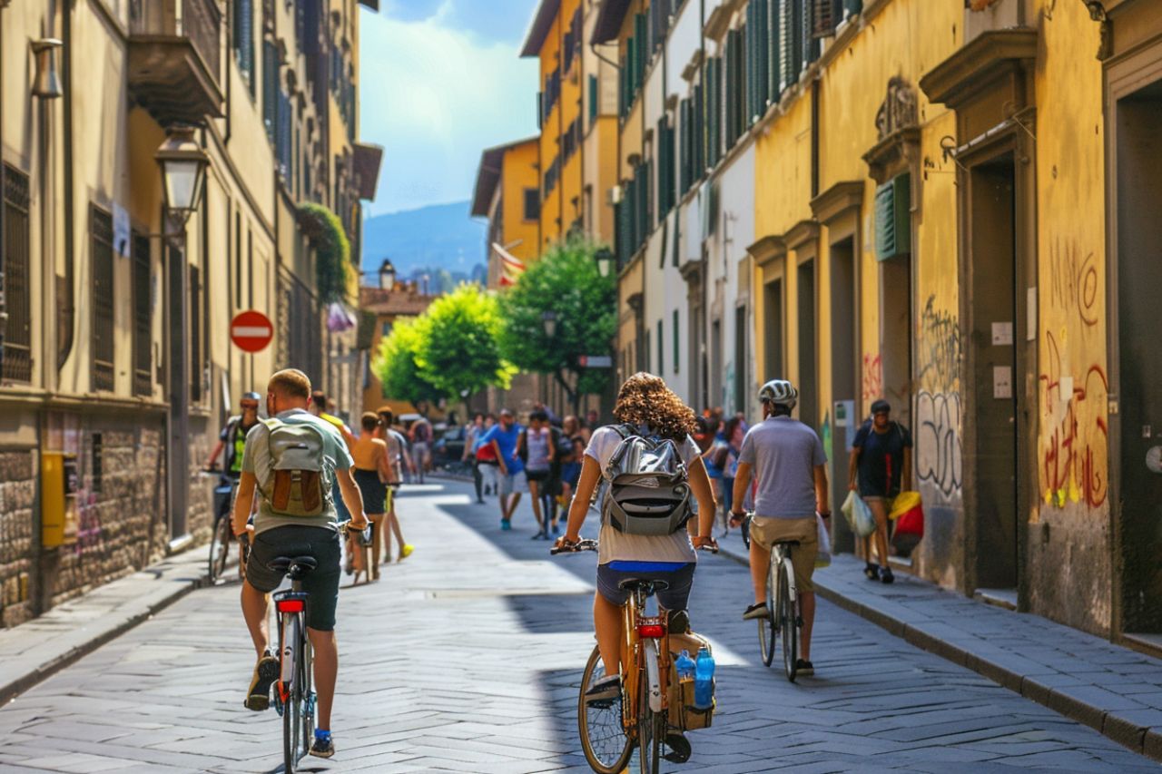 Tourists rented bicycles to explore Florence in May's spring weather