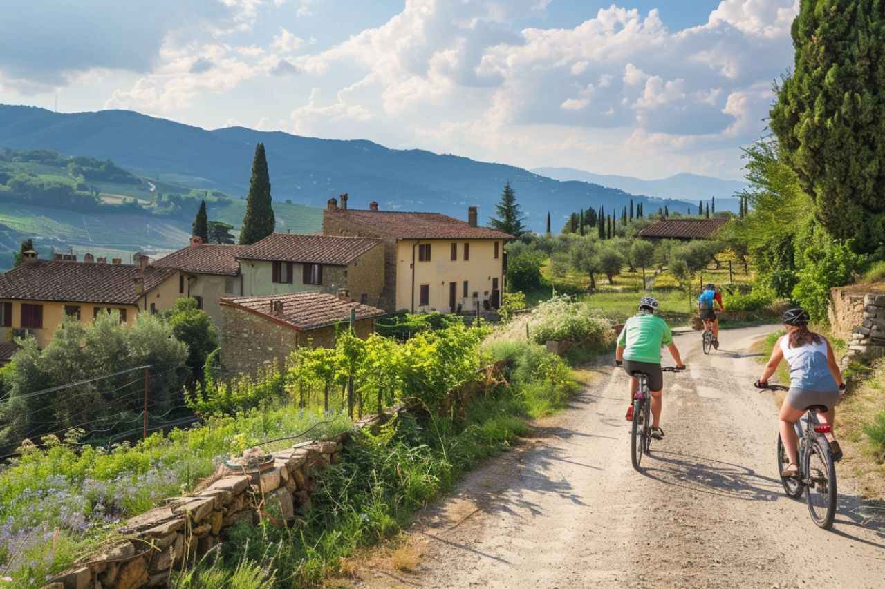 Tourists having a bike tour in Greve in Chianti, Tuscany